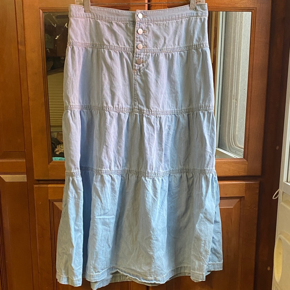 love, Fire  Light Blue Tiered A-Line Denim Large Skirt Modest Academia Charming
